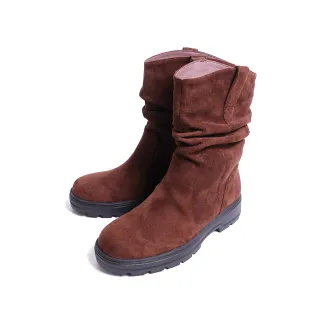 【KOKKO】率性寬筒皺褶麂皮短靴(深咖色)