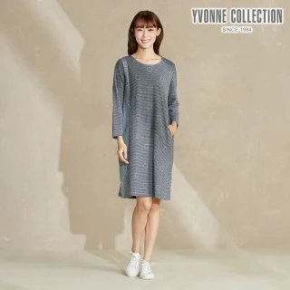 【YVONNE 以旺傢飾】圈圈提花條紋長袖洋裝-深丈青