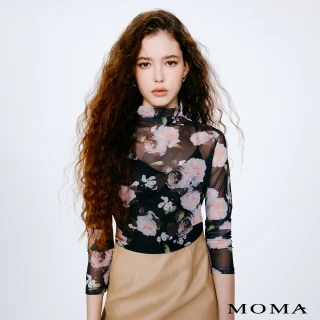 【MOMA】牡丹小立領假兩件式六角網布上衣(黑底花布)