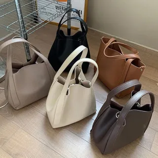 【baibeauty 白鳥麗子】韓系純色皮革拼接磁釦手提/肩背包(子母包)