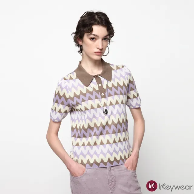 【KeyWear 奇威名品】彩波POLO領短袖針織上衣