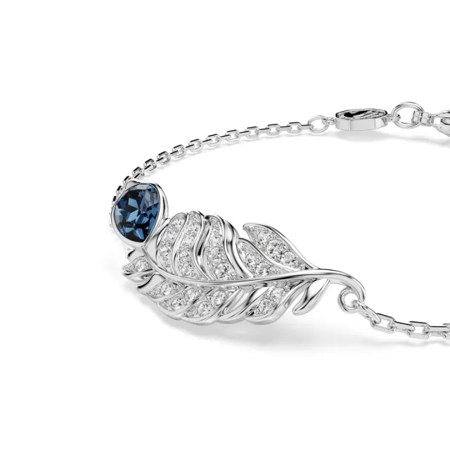【SWAROVSKI 施華洛世奇】Idyllia 手鏈 混合式切割 羽毛 藍色 鍍白金色(情人節禮物)