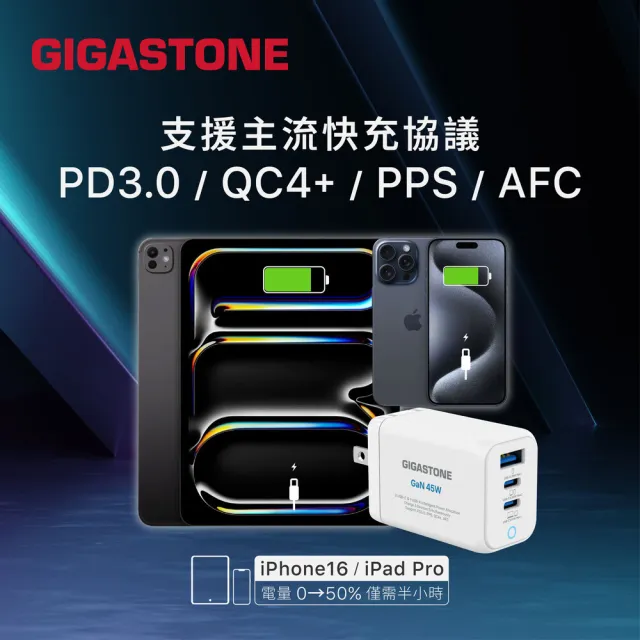 【Gigastone 立達國際】GaN 45W氮化鎵Type-C三孔快充充電器+C to C充電傳輸線(支援iPhone17/16/筆電充電頭)
