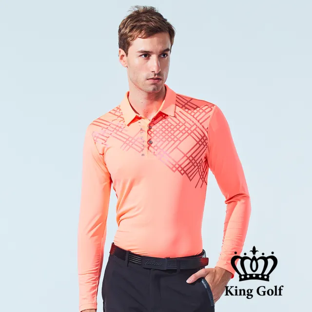 【KING GOLF】速達-網路獨家單特-男款線條拼接長袖POLO衫/高爾夫球衫(橘色)