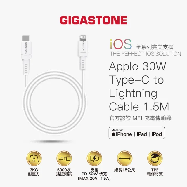 【Gigastone 立達國際】2入組Type-c to Lightning 30W充電傳輸線CL-7600W(支援iPhone 14/13 30W快速充電)