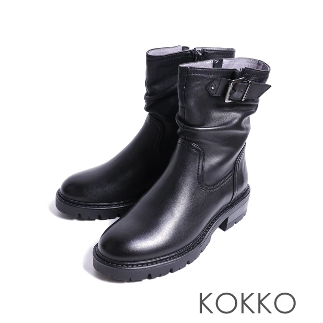 【KOKKO】個性仿舊質感真皮釦環短靴(黑色)