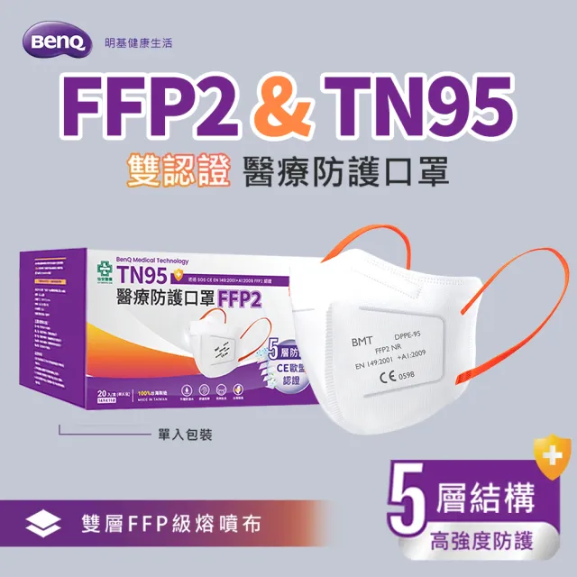 【明基健康生活】怡安 FFP2/TN95雙認證 歐規N95等級 醫療防護五層立體口罩x2盒(20片/盒 單片包裝)