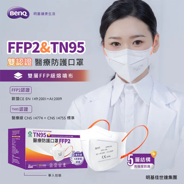 【明基健康生活】怡安 FFP2/TN95雙認證 歐規N95等級 醫療防護五層立體口罩x2盒(20片/盒 單片包裝)