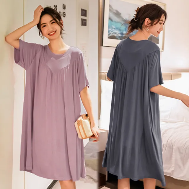 【AnZa】寬鬆莫代爾居家服睡衣連身裙(中大尺碼洋裝長版上衣)