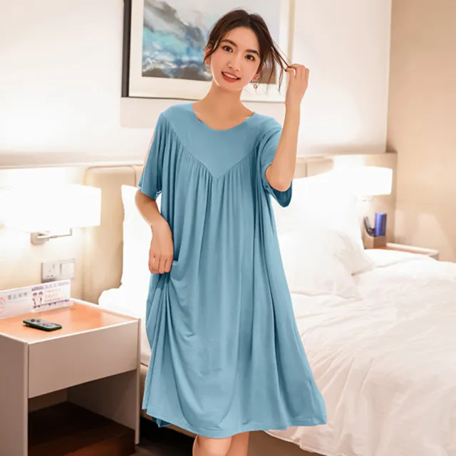 【AnZa】寬鬆莫代爾居家服睡衣連身裙(中大尺碼洋裝長版上衣)