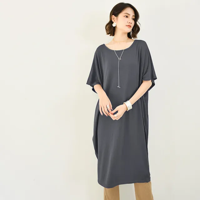 【AnZa】寬鬆莫代爾居家服睡衣連身裙(中大尺碼洋裝長版上衣)