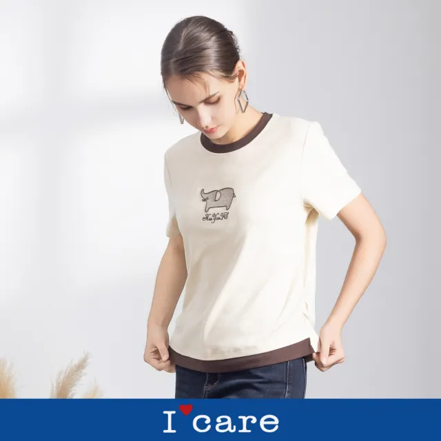 【I’Care 依卡】現貨-撞色小象美式休閒T恤（M-L）｜女短袖T恤 女休閒上衣 女短袖上衣(710-56911)