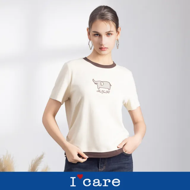 【I’Care 依卡】現貨-撞色小象美式休閒T恤（M-L）｜女短袖T恤 女休閒上衣 女短袖上衣(710-56911)