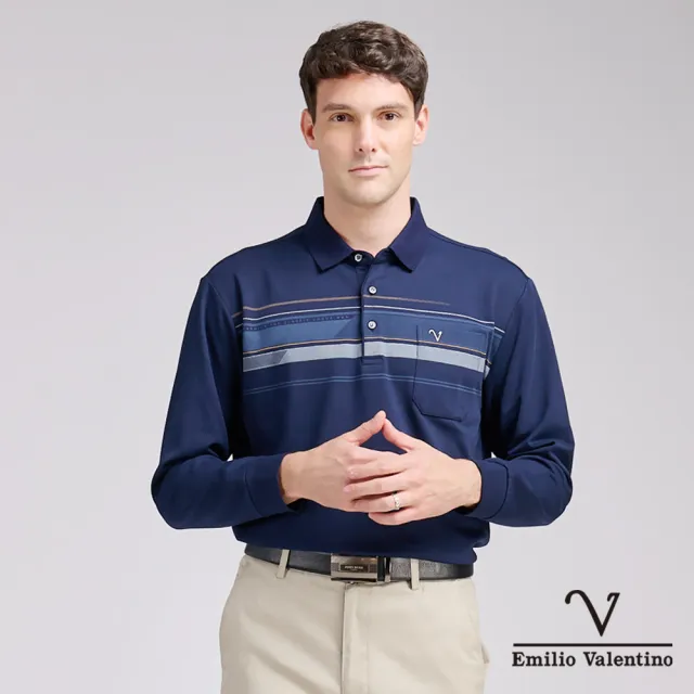 【Emilio Valentino 范倫鐵諾】男 長袖POLO衫 保暖蓄熱 口袋 POLO衫 上衣 深藍(15-5V9991)