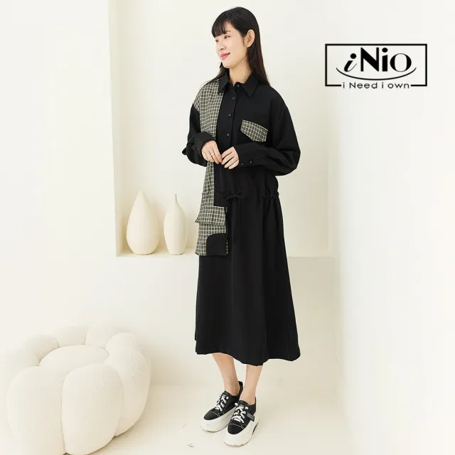 【iNio 衣著美學】長袖連身裙 拼接格紋 口袋 黑色襯衫長洋裝(CCW3508)