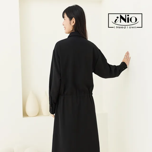 【iNio 衣著美學】長袖連身裙 拼接格紋 口袋 黑色襯衫長洋裝(CCW3508)