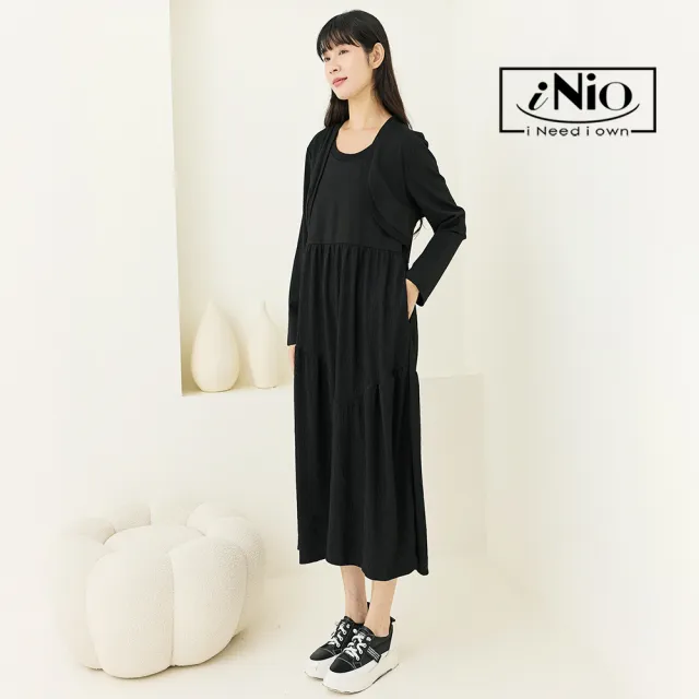 【iNio 衣著美學】長袖洋裝 假兩件拼接 外套風 長袖連身裙 百搭休閒洋裝(CCW3512)