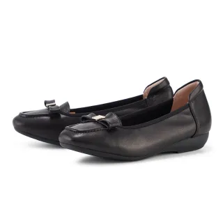 【MAGY】蝴蝶結金飾真皮方頭平底鞋(黑色)