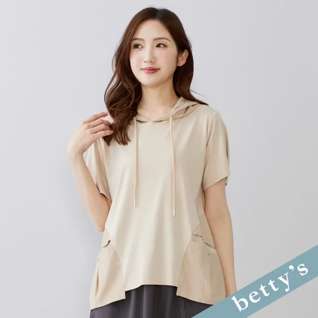 【betty’s 貝蒂思】出清品  牛仔拼接連帽短袖T-shirt(卡其)（其他規格）