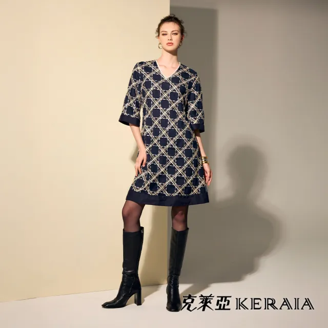【KERAIA 克萊亞】晚月藍調格紋刺繡V領小洋裝