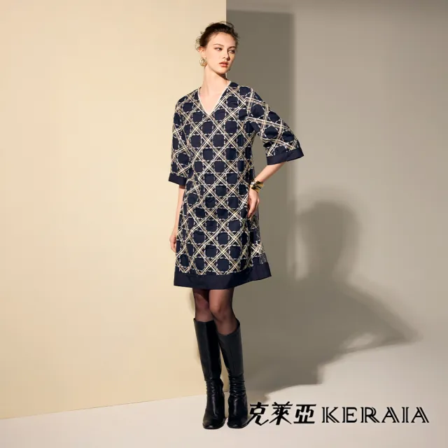【KERAIA 克萊亞】晚月藍調格紋刺繡V領小洋裝