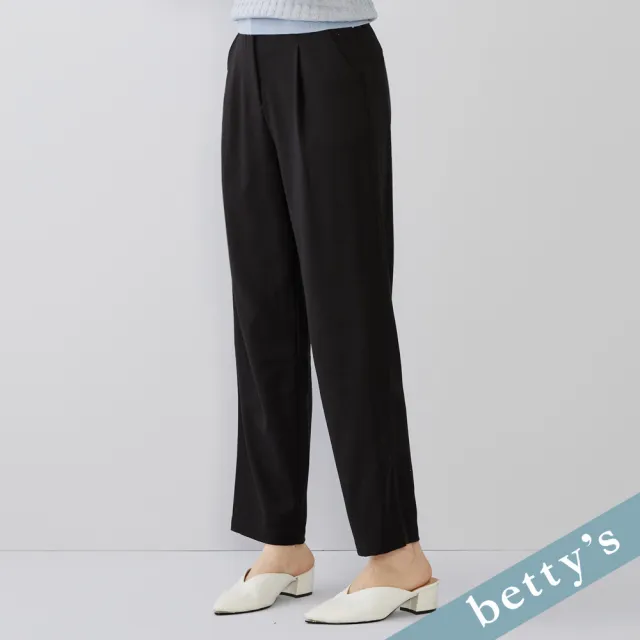 【betty’s 貝蒂思】出清品  裝飾皮帶磨毛壓褶高腰長褲(黑色)