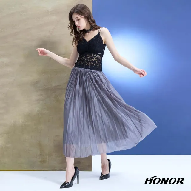 【HONOR 山形屋】出清品 優雅飄逸金蔥光澤百褶長裙-灰/黑/紫紅(限定出清)