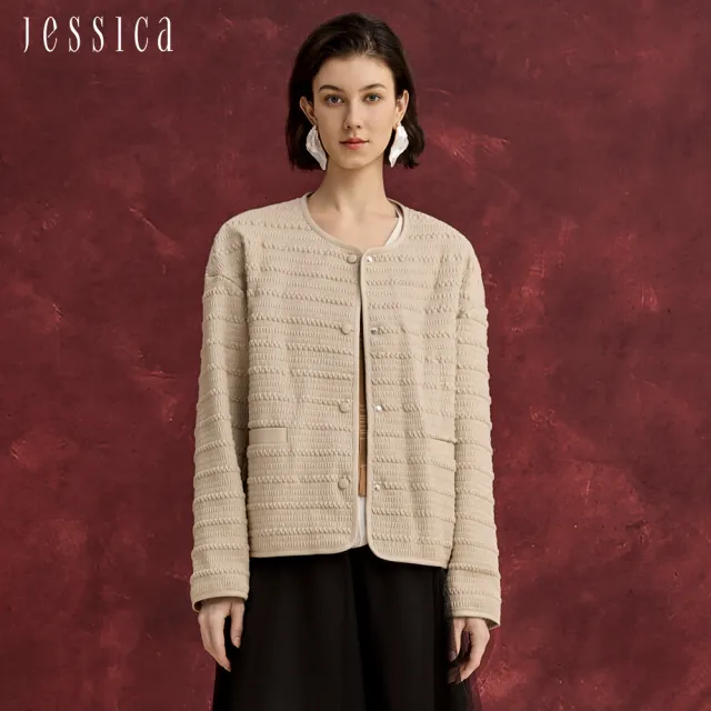【JESSICA】寬鬆帥氣人造皮立體紋理圓領皮衣外套J54001（米）