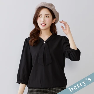 【betty&rsquo;s 貝蒂思】出清品  鈕釦領帶七分袖雪紡上衣(黑色)
