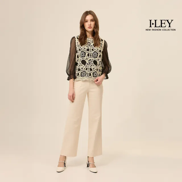 【ILEY 伊蕾】繩股蕾絲拼接透膚雪紡上衣(黑；M-XL；1253661803)