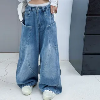 【UniKids】秋中大童裝牛仔長褲 闊腿大口袋工裝休閒褲彎刀褲   女大童裝 VPWBB(黑秋 藍秋)