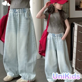 【UniKids】秋中大童裝闊腿牛仔長褲 彎刀褲休閒褲  女大童裝 VPBBW842(圖片色)