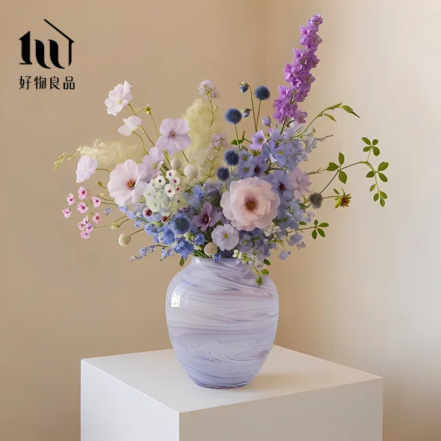 【好物良品】高質感繽紛手工藝術紋理漸變染色玻璃花瓶(花藝花器 插花裝飾品 桌面餐桌擺飾)