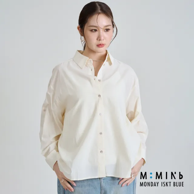 【M:MINb】多WAY鈕扣抓摺百搭長袖襯衫(米色/中大尺碼女裝/上衣/大尺碼女裝/大尺碼通勤穿搭)