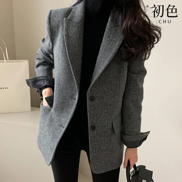 【初色】韓系商務風寬鬆正肩修身顯瘦長袖西裝外套女外套-共2色-16110(F可選)