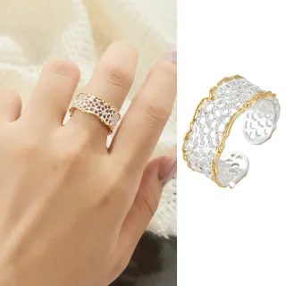 【RJ New York】金銀撞色蕾絲鏤空網狀寬版開口可調彈性戒指(金銀色)