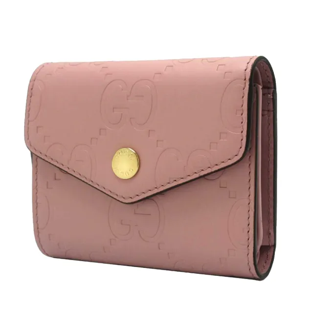 【GUCCI 古馳】772793 經典壓紋皮革雙G LOGO三折扣式零錢中短夾(粉色)