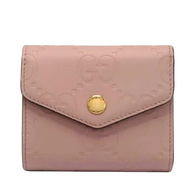 【GUCCI 古馳】772793 經典壓紋皮革雙G LOGO三折扣式零錢中短夾(粉色)