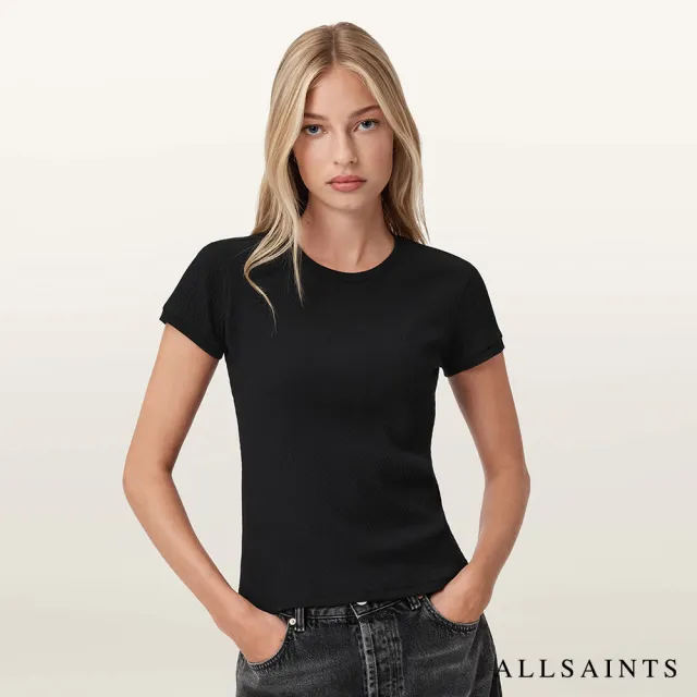 【ALLSAINTS】GIA 羅紋短袖T恤-黑 W026JD(修身版型)