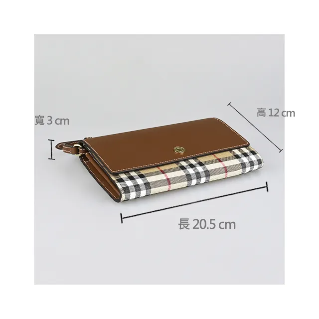 【BURBERRY 巴寶莉】BURBERRY Hannah 金釦刻印LOGO小牛皮拼格紋PVC按釦斜背長夾包(淺棕x米格紋)