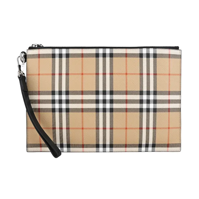 【BURBERRY 巴寶莉】BURBERRY EDIN 內銀漆LOGO格紋PVC搭帆布男士拉鍊手拿包(典藏米)