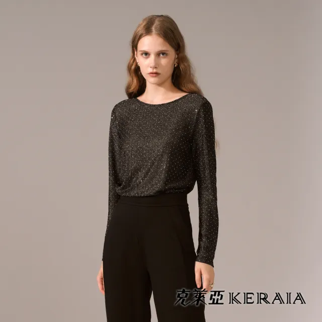 【KERAIA 克萊亞】魅力價-星塵軌跡燙鑽網紗抽皺上衣(兩色；M-XXL)