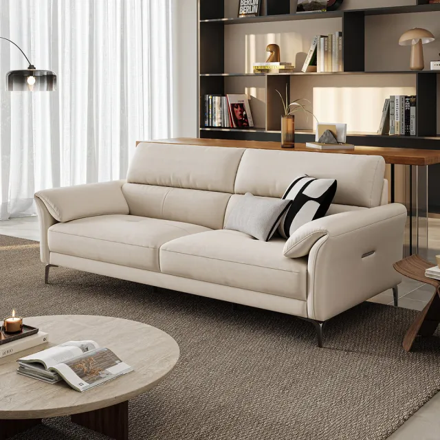 【hoi! 好好生活】Linsy現代簡約頭層牛皮高背三人皮沙發2.2M 柔沙色 S196