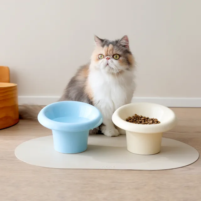 【meoof】花花寵物陶瓷碗 白/藍兩色 寵物碗 陶瓷寵物碗(高腳碗 陶瓷碗 貓碗 慢食碗 斜口碗 貓咪食盆)
