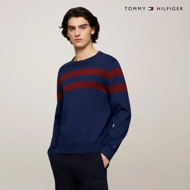 【TOMMY HILFIGER】官方旗艦館 條紋圓領針織毛衣_藍色