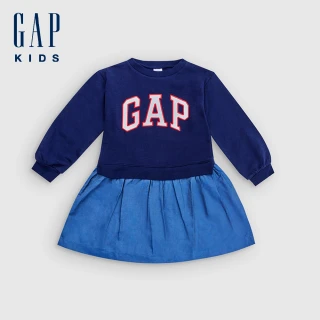 【GAP】女幼童裝 Logo刺繡假兩件圓領長袖洋裝-海軍藍(801032)
