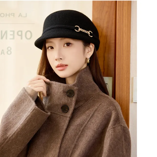 【HaNA 梨花】買一送一贈圍脖 秋冬氛圍感巔峰側邊金鏈毛呢帽毛帽(毛呢帽 秋冬氛圍 立體剪裁)