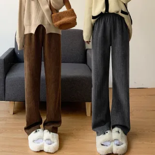 【NEW FORCE】氣質針織燈芯絨直筒闊腿褲(直筒褲/內刷絨褲/保暖長褲/秋冬長褲/褲子/褲裙)