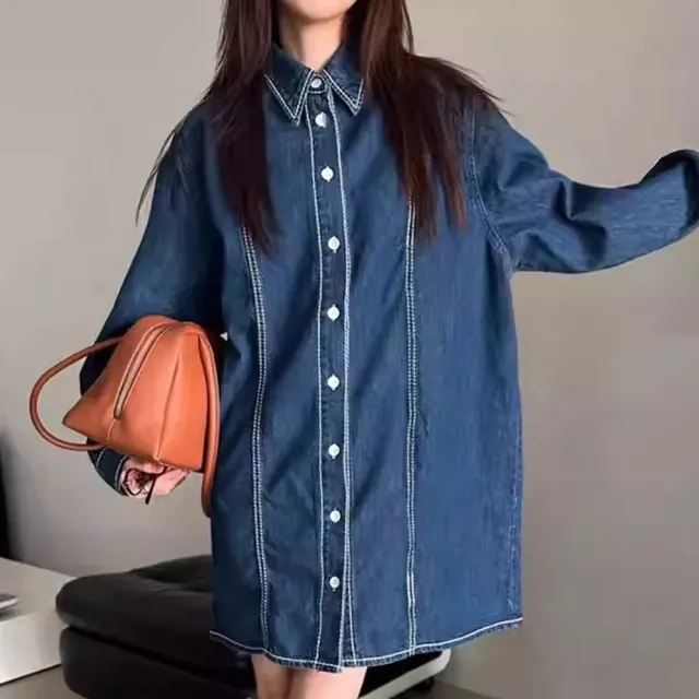 【baibeauty 白鳥麗子】街頭丹寧撞色縫線排釦翻領長袖洋裝(長袖洋裝)