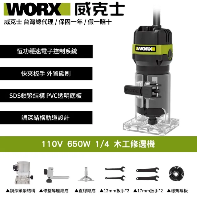 【WORX 威克士】110V 650W 1/4 6mm WU619A(恒功 恆功 穩速 高效能 電機 快速 調節 修邊機 雕刻機)
